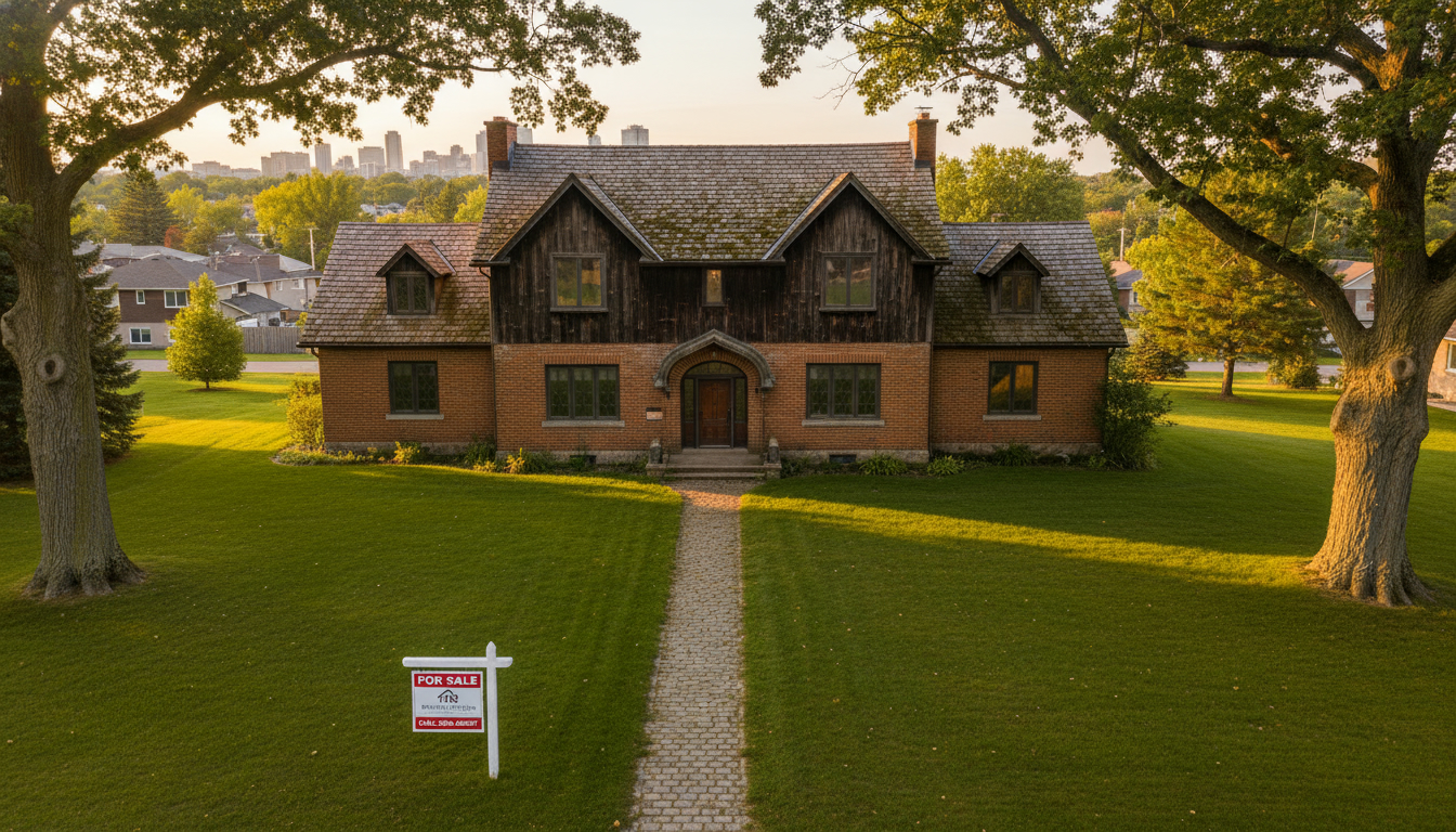 Outdated but structurally sound estate home in Georgetown, Ontario with a For Sale sign