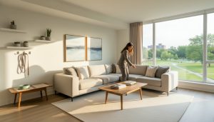 Staged condo living room in Georgetown, Ontario with subtle pet-friendly cues and clean neutral decor