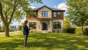 Appraiser inspecting a suburban home in Georgetown Ontario with GO station visible, clipboard in hand