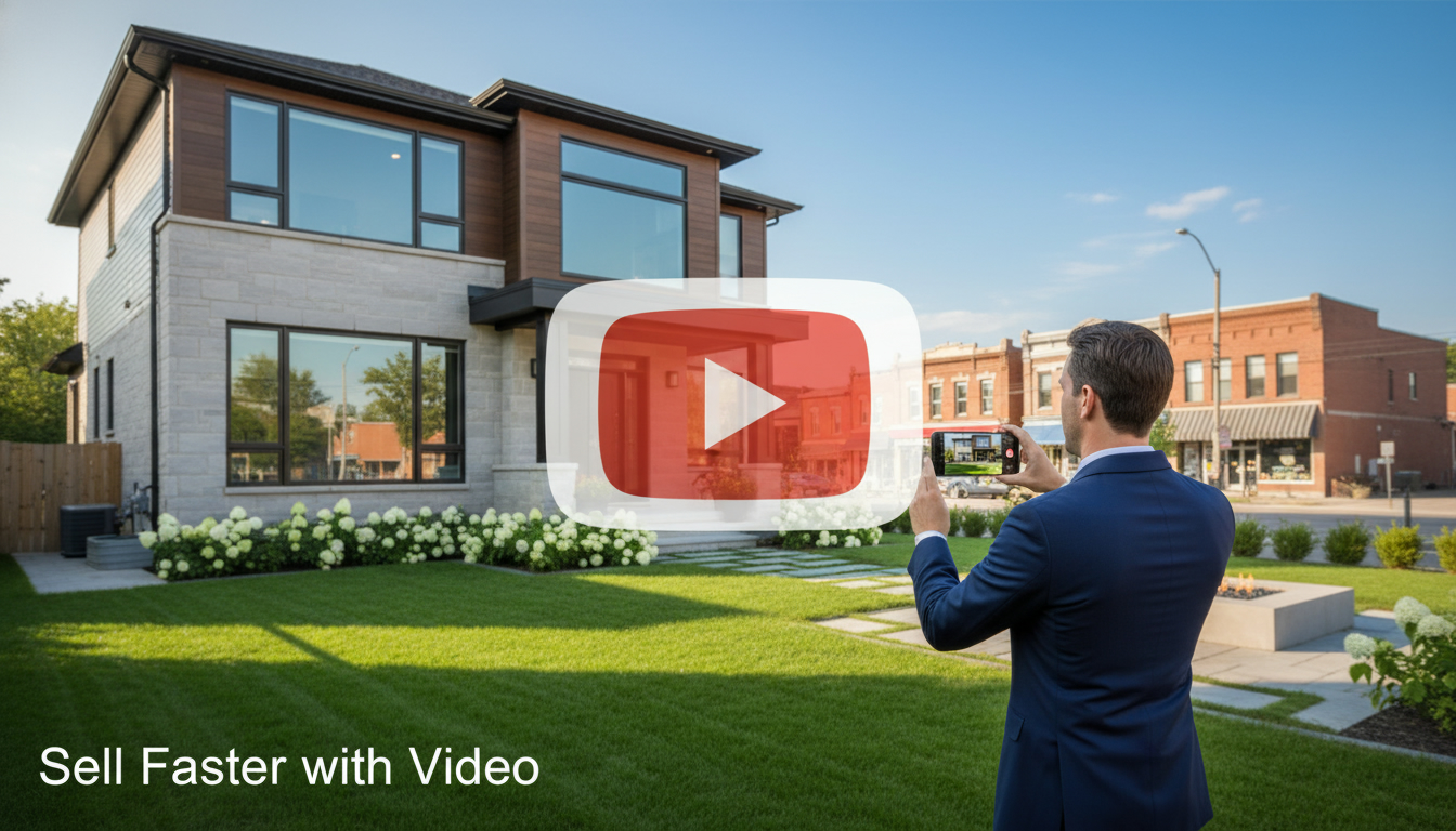 Realtor filming a modern Georgetown Ontario home with YouTube play button overlay, showing Main Street in background