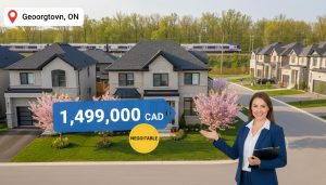 Realtor at a staged Georgetown Ontario home with price tag graphic and map pin labeled Georgetown, ON