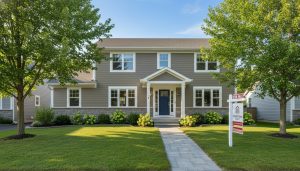 Freshly painted Georgetown, Ontario house with white trim and for sale sign showing strong curb appeal