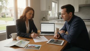 Realtor and home seller in Georgetown reviewing a statement of adjustments at a kitchen table with laptop and municipal map visible.