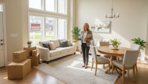 Staged living room in a Georgetown Ontario home with furniture, moving boxes and a realtor visible through window