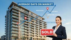 Condo building with chart showing average condo selling time and map pins for Mississauga and Georgetown, Ontario, with a realtor holding a sold sign.
