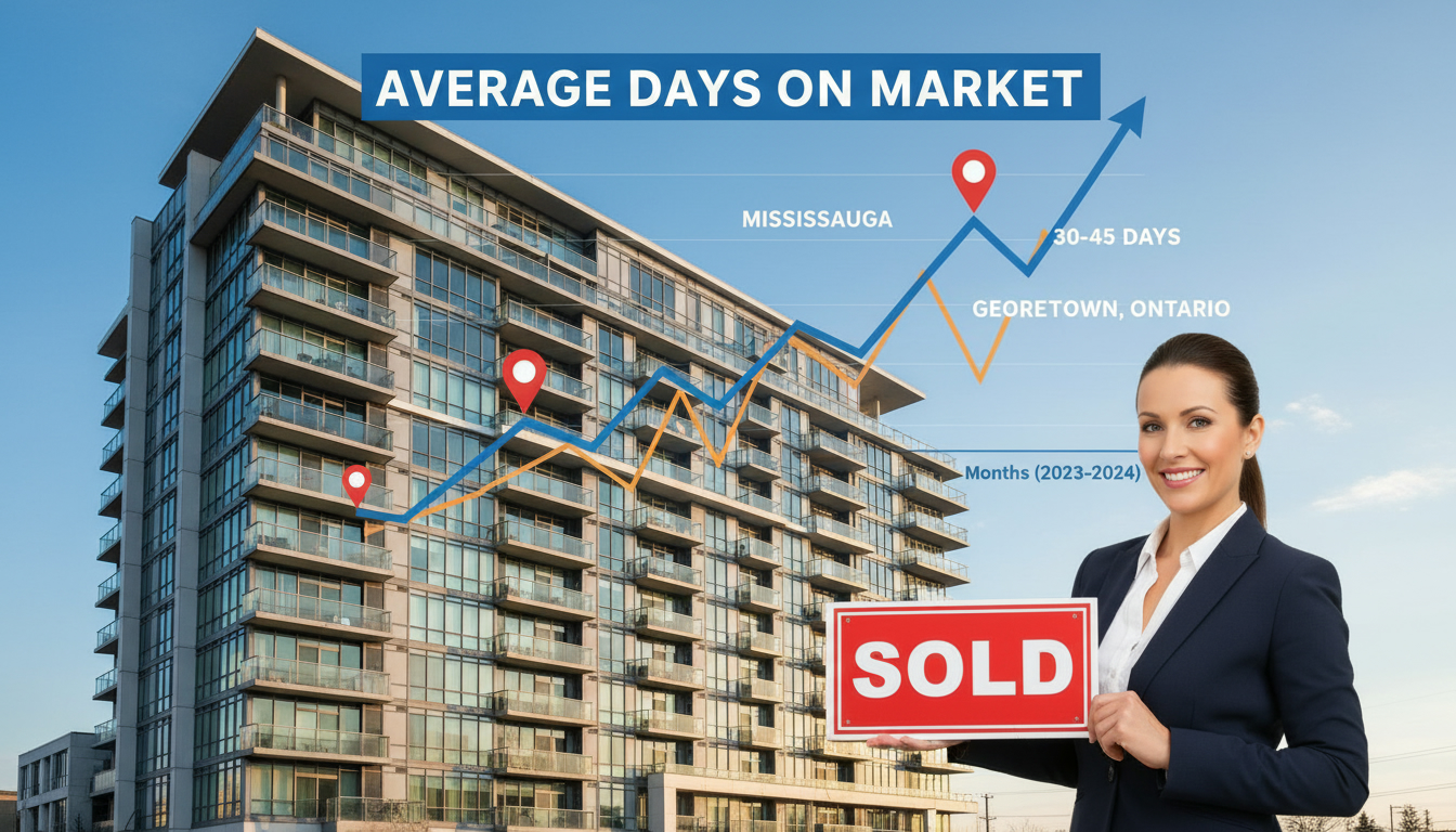 Condo building with chart showing average condo selling time and map pins for Mississauga and Georgetown, Ontario, with a realtor holding a sold sign.