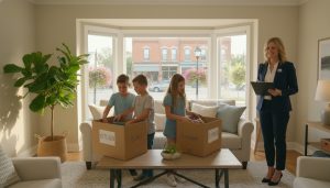 Family packing boxes calmly in a bright Georgetown, Ontario home with a realtor nearby