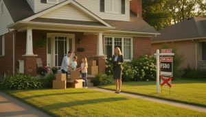 Georgetown Ontario house with family packing and real estate agent holding clipboard near a For Sale sign