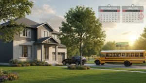 Family-friendly house in Georgetown with school bus and calendar overlay showing September and April.