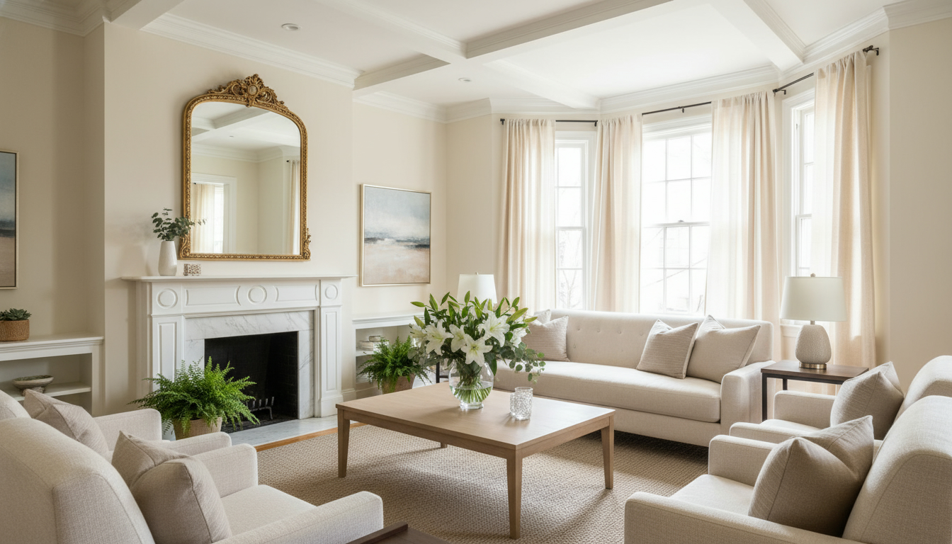 Staged Georgetown living room with neutral decor and no family photos, ready for showings
