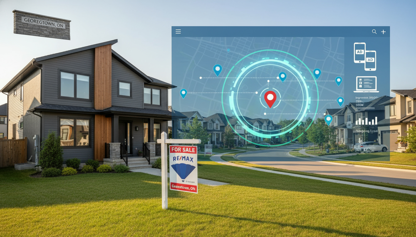 Modern Georgetown house with overlayed digital map and geo-targeting icons indicating local ad targeting