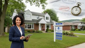 Georgetown Ontario home with For Sale sign, legal documents and clock overlay showing urgency to avoid probate delays