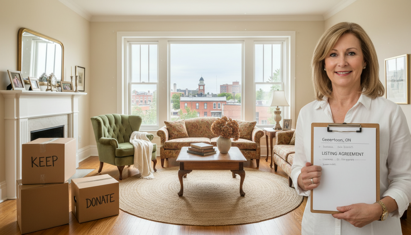 Staged Georgetown living room with vintage furniture, realtor clipboard, and moving boxes