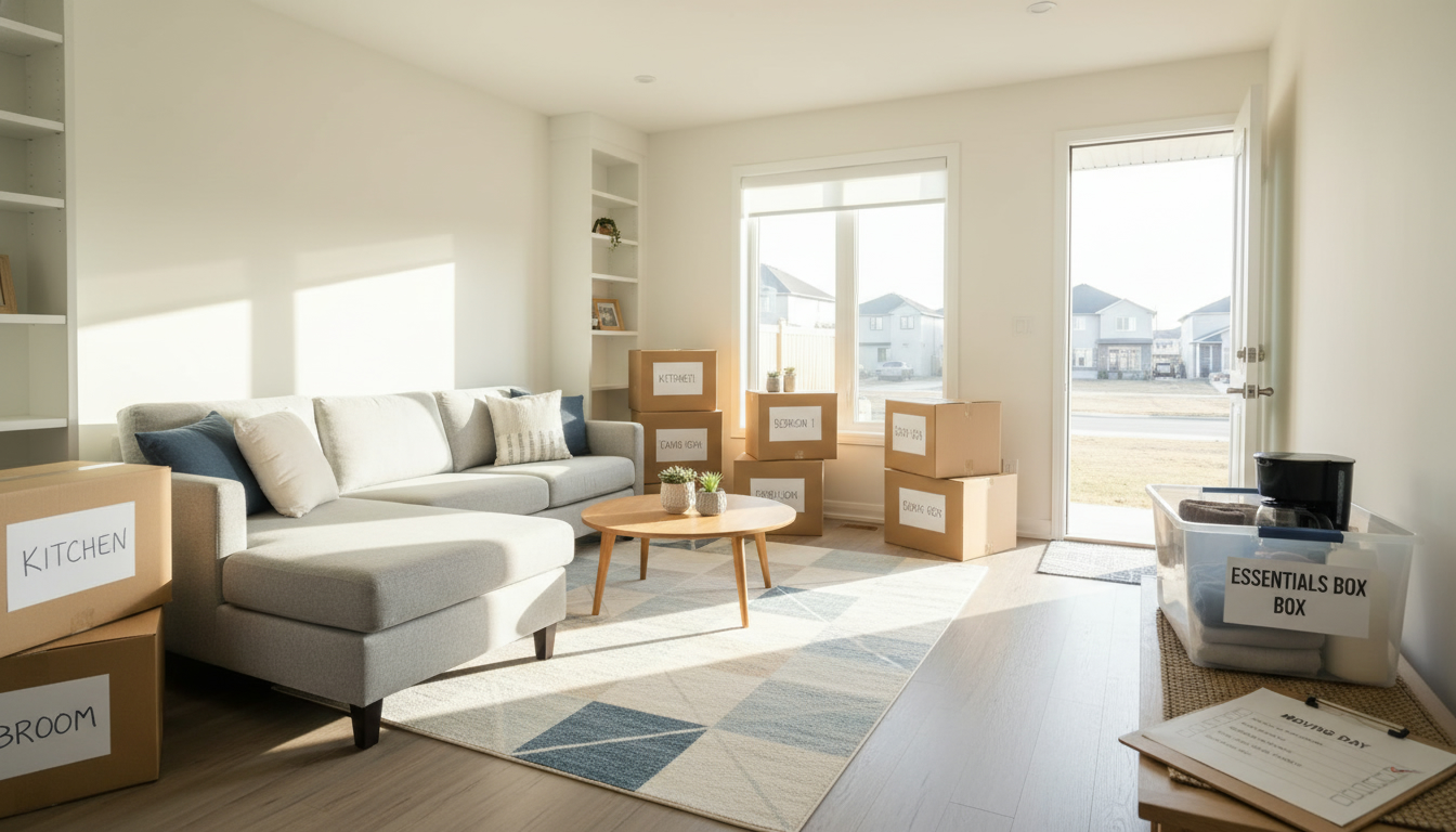 Neatly staged Georgetown home interior with labeled moving boxes and an essentials box ready for moving day.