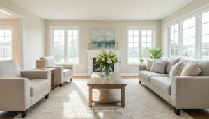 Professionally staged living room in a Georgetown, Ontario home with modern cottage-style furniture and warm natural light.
