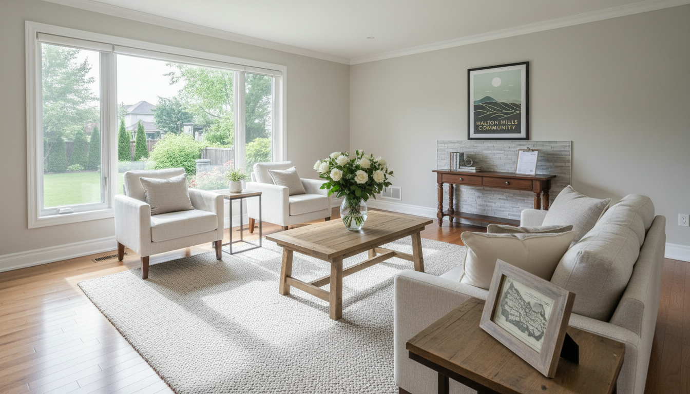 Staged living room in a Georgetown, Ontario home ready for a showing with natural light and a realtor clipboard