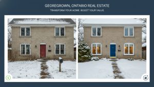 Split image of a Georgetown home with old fogged windows on left and new modern windows on right showing improved curb appeal and energy efficiency.