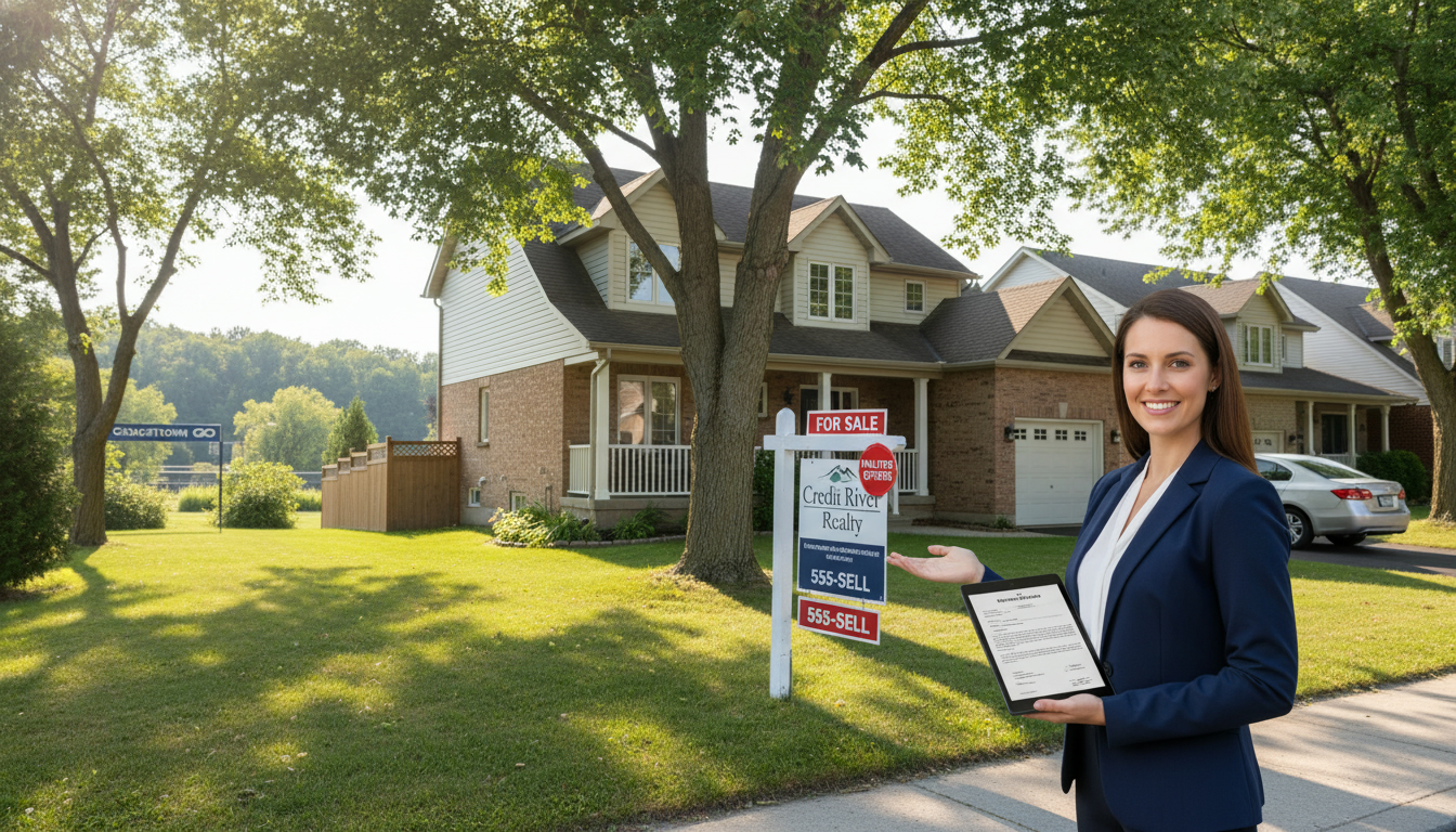 Georgetown Ontario house with For Sale sign and realtor holding tablet showing multiple offers badge