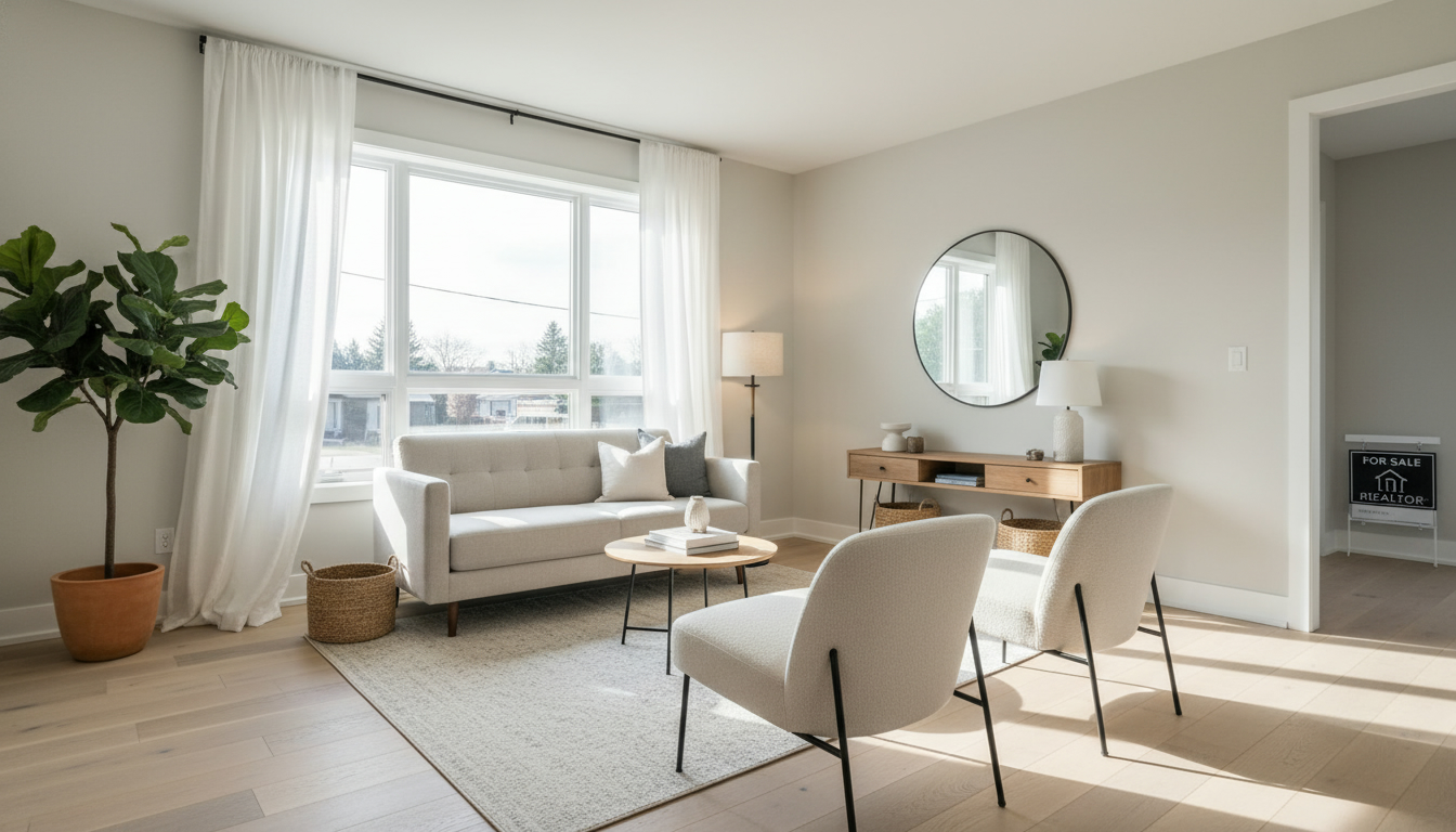 Staged small living room in Georgetown Ontario with large mirror and light curtains