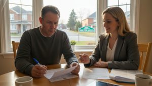 Homeowner reviewing sales contract with realtor in Georgetown Ontario - urgent negotiation scene