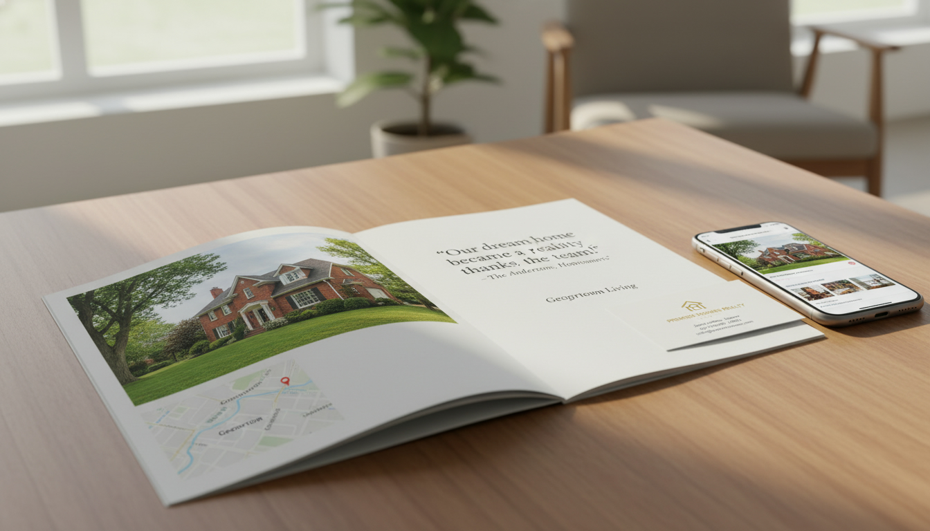 Premium home story brochure featuring a Georgetown, Ontario home on a wooden table with a smartphone and realtor business card