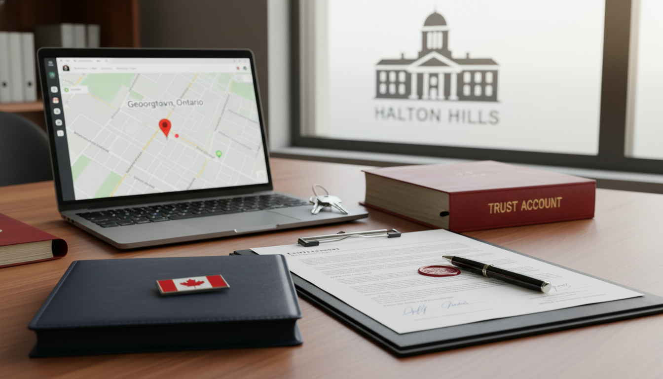 Real estate lawyer desk with closing documents, keys, and Georgetown Ontario map on laptop
