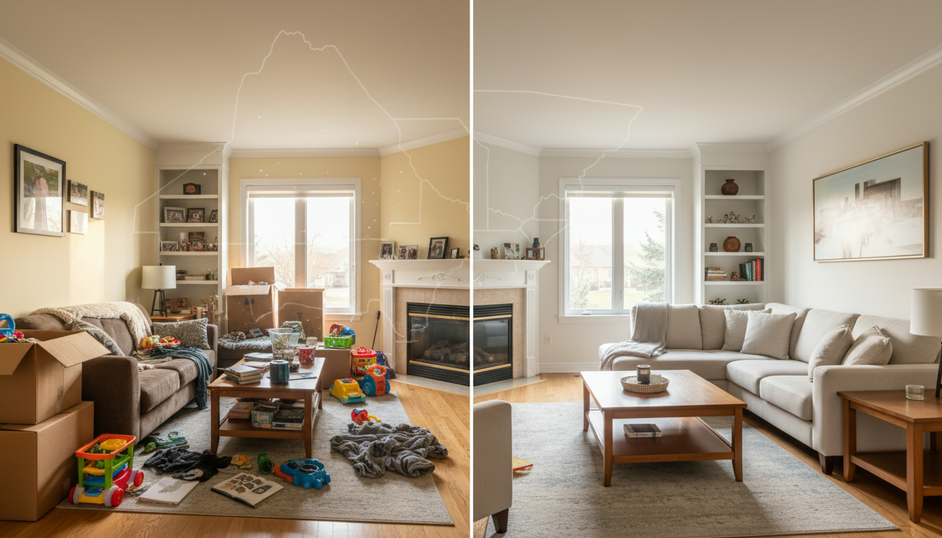 Before and after decluttered living room in a Georgetown, Ontario home, showing cluttered vs staged clean space