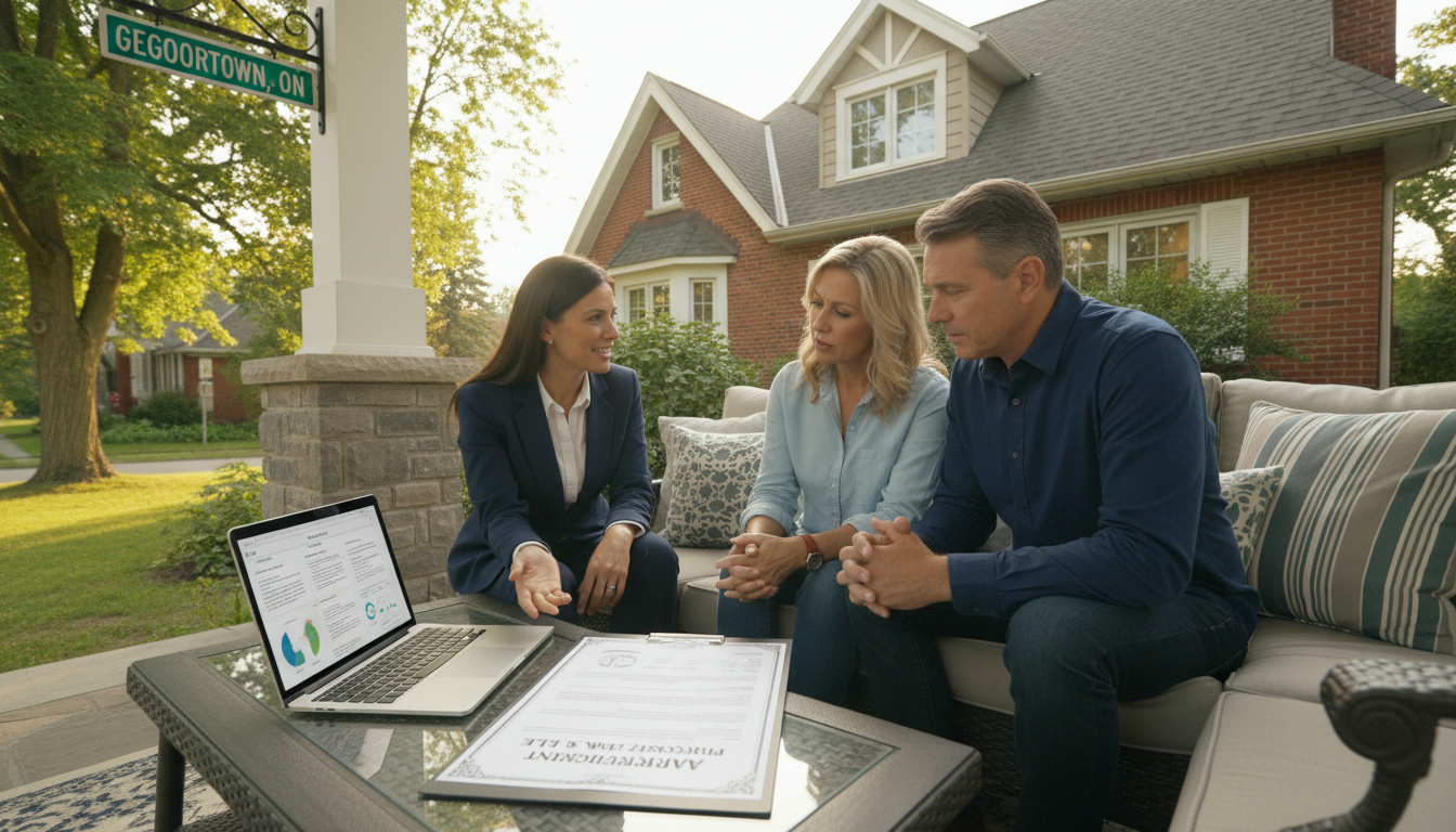 Real estate agent advising sellers with mortgage paperwork in front of a Georgetown Ontario home