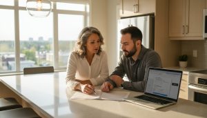 Homeowner discussing listing paperwork with real estate agent in Georgetown, Ontario