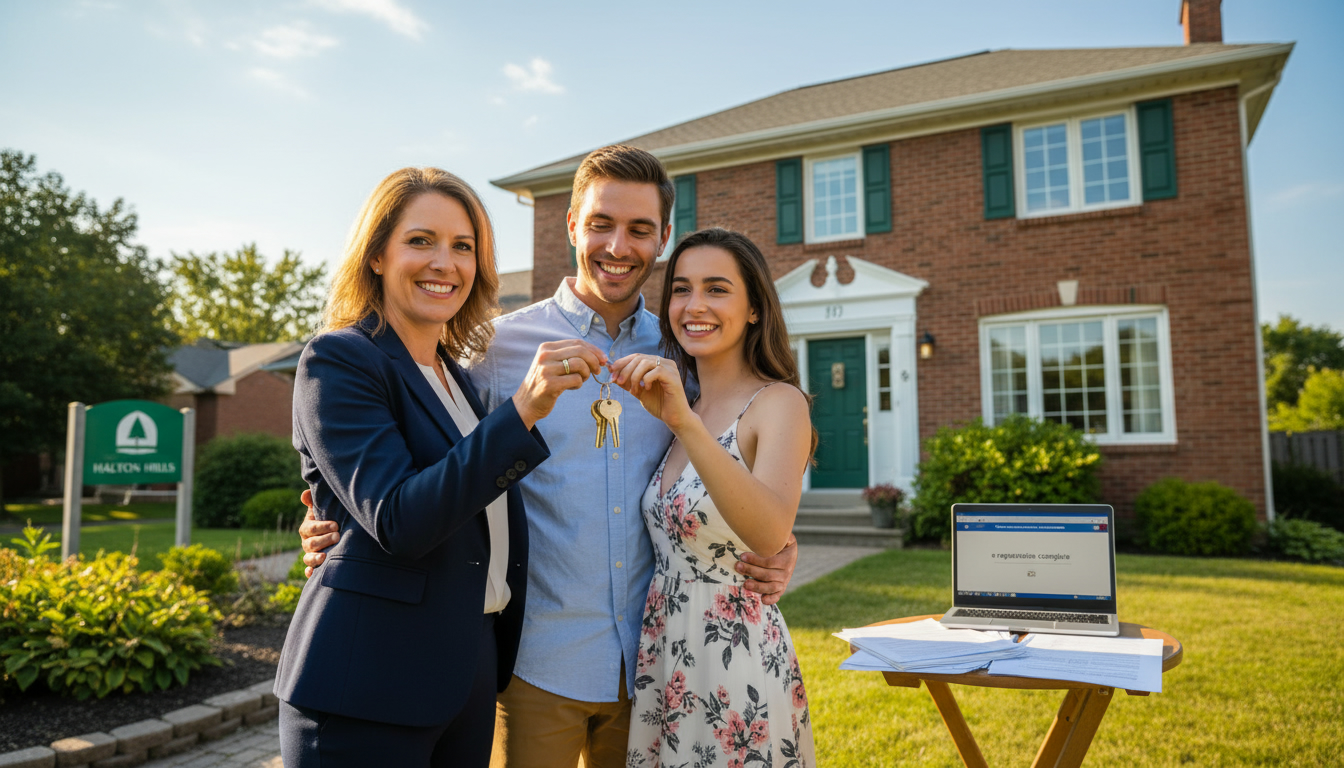 Realtor handing keys to buyers at a Georgetown, Ontario home with legal documents and laptop visible
