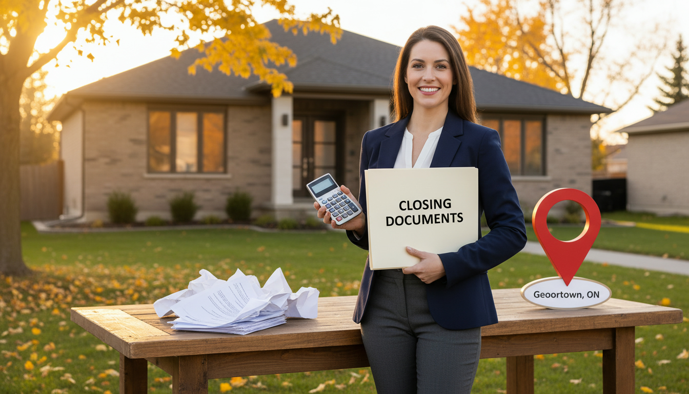 Realtor with closing documents in front of a Georgetown, Ontario home