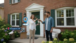 Homeowner handing keys to buyer outside a house in Georgetown ON with moving boxes and a utility meter visible