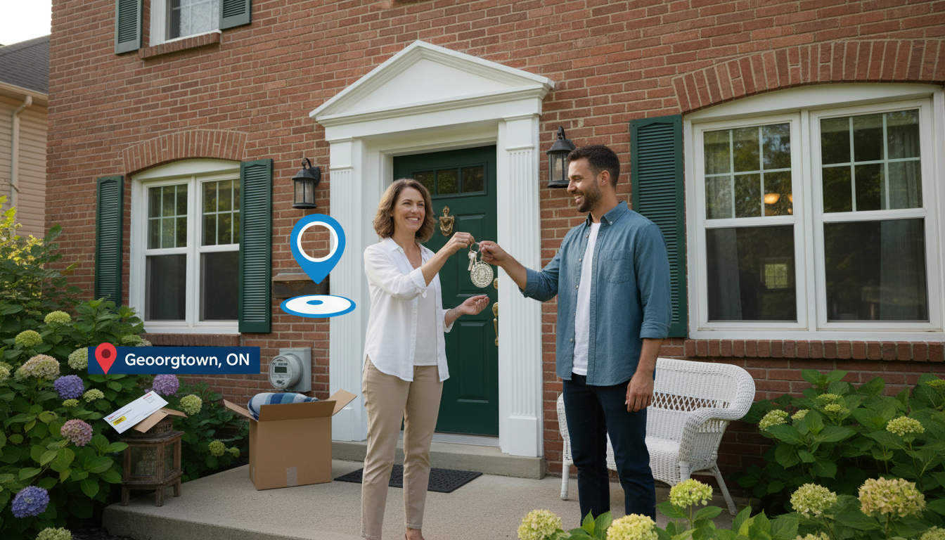 Homeowner handing keys to buyer outside a house in Georgetown ON with moving boxes and a utility meter visible