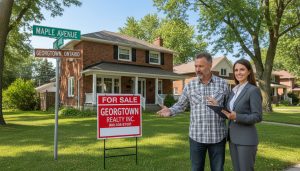 Georgetown Ontario house with For Sale sign and homeowner talking to a local realtor