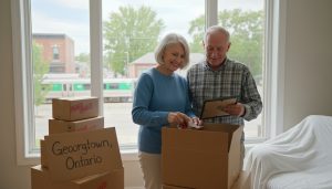 Senior couple packing boxes in a bright home with a Georgetown sign in background