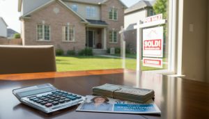 Georgetown Ontario home with For Sale sign, calculator and bills showing debt payoff concept
