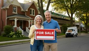 Senior couple holding For Sale sign outside a Georgetown Ontario house with GO train in background