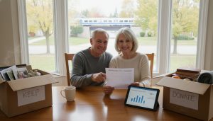 55+ couple in Georgetown reviewing a downsizing plan with moving boxes and a view of a Georgetown street