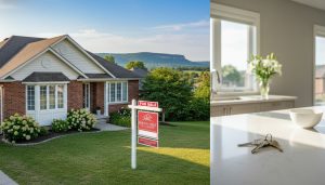 Georgetown Ontario house with for sale sign and two sets of keys on kitchen counter