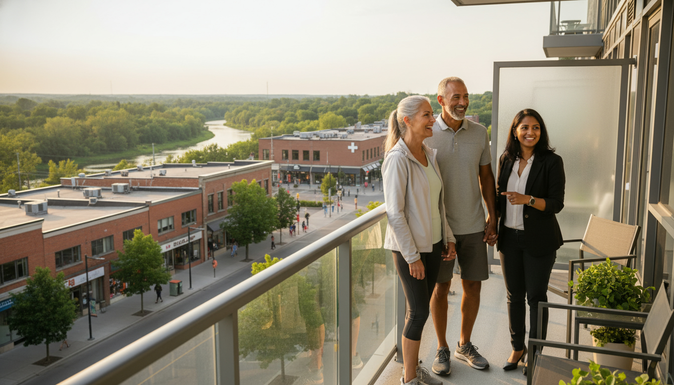 Active senior couple on condo balcony in Georgetown Ontario with agent pointing toward downtown and river