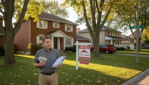 Georgetown house with for sale sign, homeowner holding cash and papers, morning light
