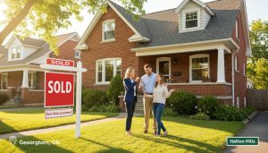 Realtor handing keys to homeowners in front of a Georgetown, Ontario house with a sold sign and rent-back agreement