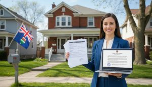 Realtor in front of a Georgetown, Ontario home holding mortgage payoff documents and laptop with title documents.