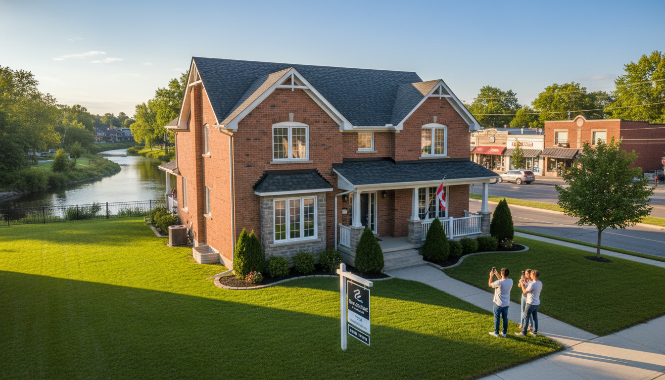 Exterior drone view of a house for sale in Georgetown Ontario with a 'For Sale' sign and Main Street visible in the background