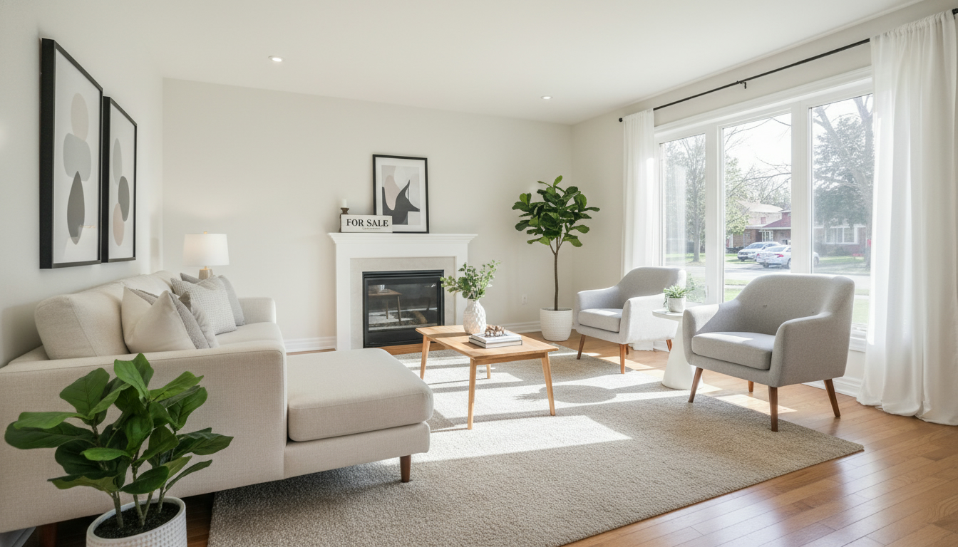 Staged living room in Georgetown home with neutral decor and 'For Sale' sign visible through window.