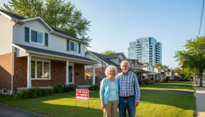 Senior couple in front of a Georgetown home with For Sale sign and condo in background