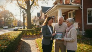 Realtor talking with elderly couple outside a Georgetown Ontario home
