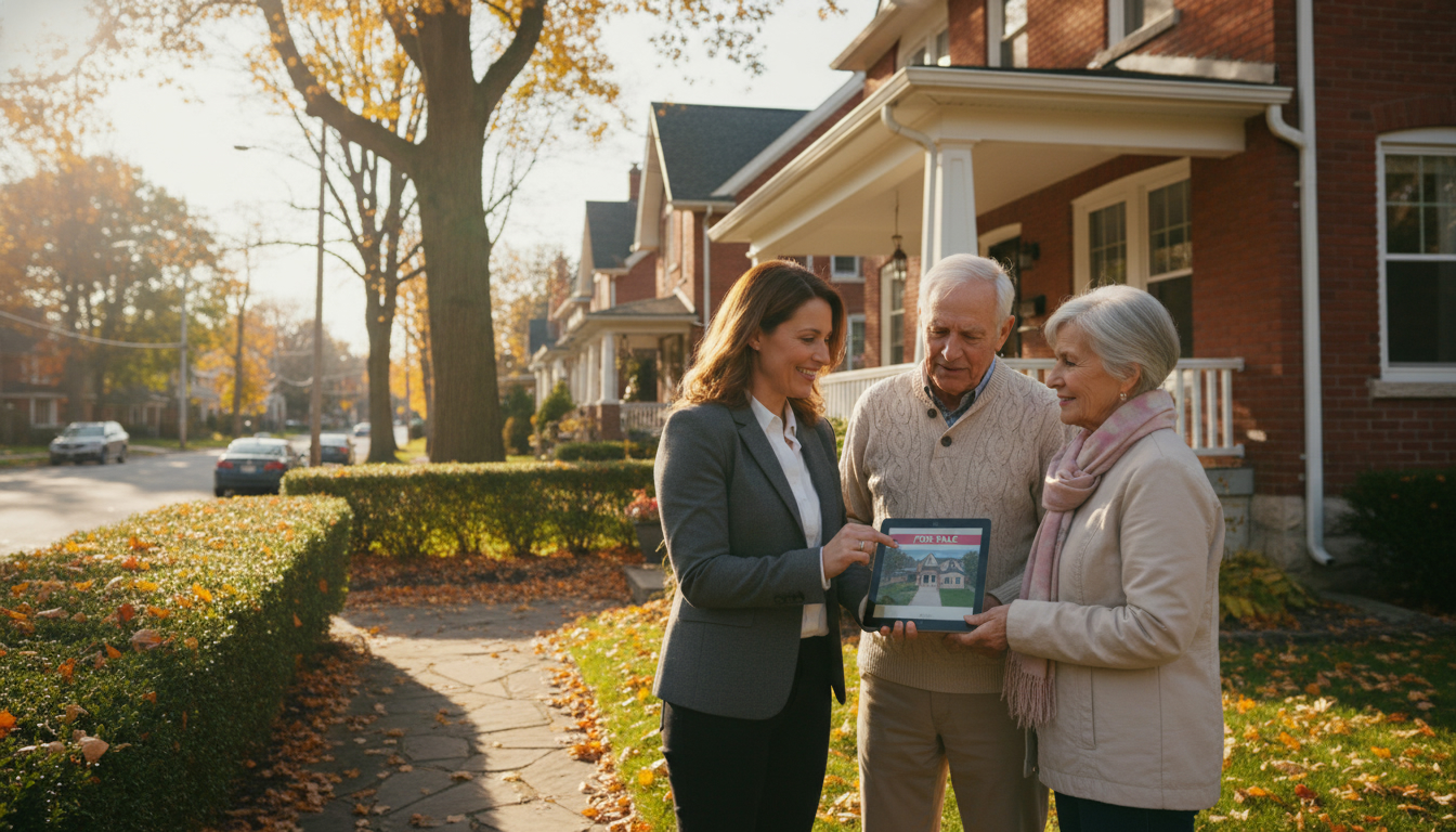 Realtor talking with elderly couple outside a Georgetown Ontario home