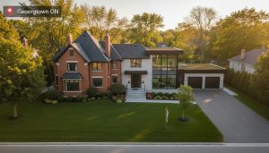 Unique Georgetown Ontario home on a large lot with For Sale sign and drone view