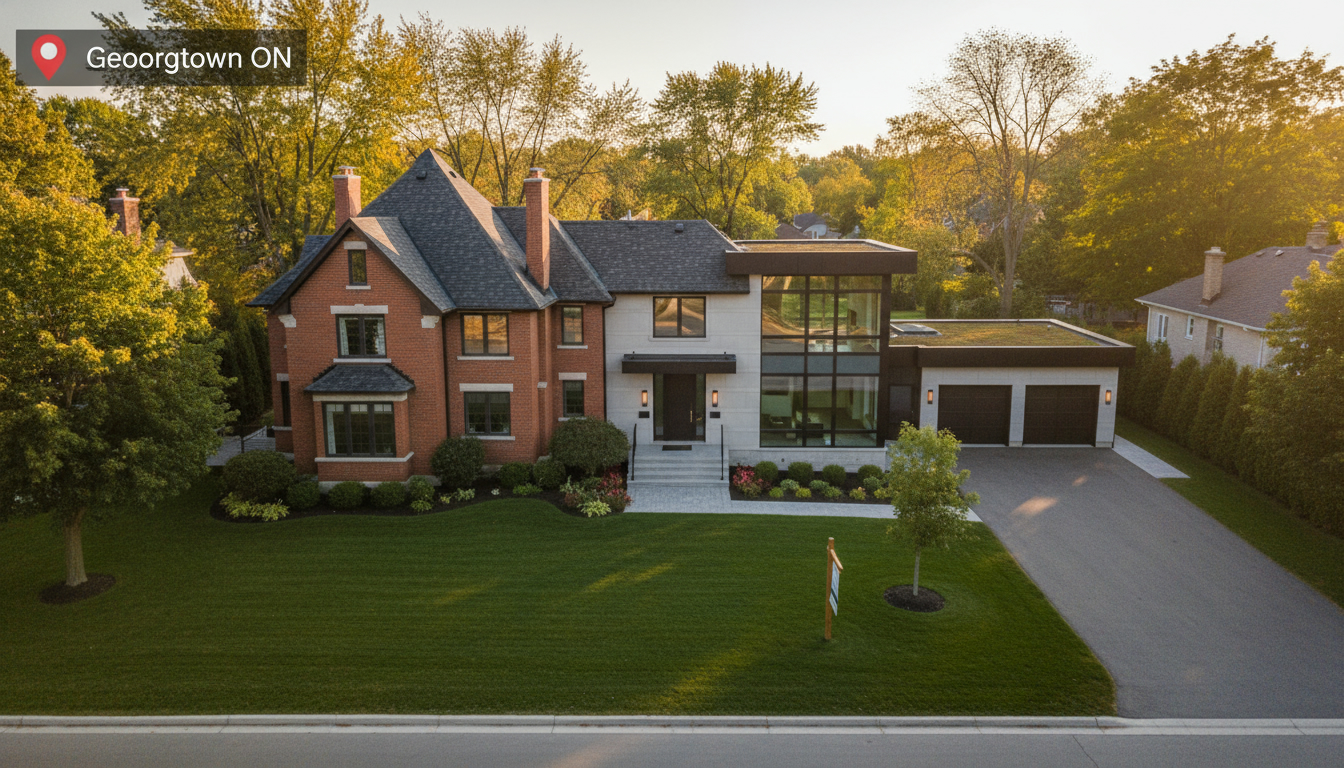 Unique Georgetown Ontario home on a large lot with For Sale sign and drone view